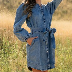 Nouvelle Arrivée Robe Chemise en Jean Lourd Boutonnée pour Femme à Manches Longues avec Ceinture – Robes Décontractées en Jean - Product Image 1