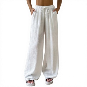 Pantalón de Pierna Ancha de Lino y Algodón Color Caqui con Cintura con Volantes y Cierre Elástico, Parte Delantera Plana, para Verano, Suministro ODM OEM - Product Image 4