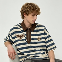 Chemise rayée épaisse bleue délavée vintage avec patch étoile aigle, fermeture éclair, coupe courte pour homme, ourlet effiloché, style rétro