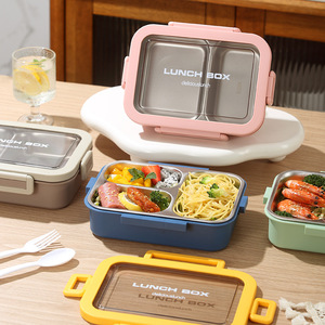 Bencircle B275 3 Compartment Stainless Steel <b>Lunch</b> <b>Box</b> Leakproof Bento Food Container With Plastic Case For School - Product Image 4