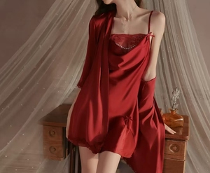 Ensemble de lingerie nuisette en satin de luxe léger, orné de perles et de dentelle, à col bénitier, style sexy et doux - Product Image 3