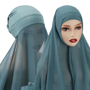 GEERDENG New Arrival Malaysian Islamic Ready to Wear Under Scarf Ladies Bubble Chiffon Instant Hijab Scarf With Caps for Women