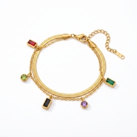Bracelet Serpent QIAOREN 13772 Double Couche à Motif Chevron Plat avec Breloques CZ Multicolores Rectangulaires et Rondes, Zircon Péridot