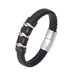 <b>Leather</b> <b>Bracelet</b> Magnetic Stainless Steel Men's Cuff Geometric Design Gift Jewelry 7.5 8.5 9 Inches - Product Image 4