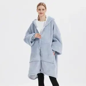 Irini franela gruesa doble capa con capucha cremallera manta chaqueta hogar ocio abrigo Manta con dos bolsillos laterales unisex