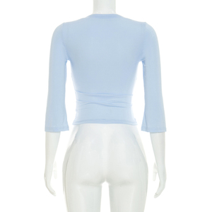 Viviblook C26TP272 T-shirt décontracté pour femme, nouvelle collection automne, col en V, dentelle, couleur unie, coupe ajustée, manches mi-longues - Product Image 4