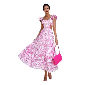 Vestido Largo Estampado con Aberturas para Mujer Estilo Europeo-Americano, Cuello Corazón, Mangas con Volantes, Cintura Imperio, Estilo Casual Diario Transpirable - Product Image 5