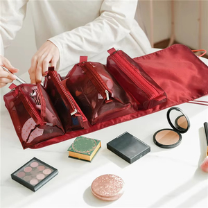 Bolsa de almacenamiento de brochas de maquillaje de nailon con cremallera para mujer, organizador de cosméticos plegable de malla separable para artículos de tocador de mujer con cierre de cuerda - Product Image 2