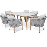 Ensemble de table et chaises de jardin en corde tressée, table de patio moderne avec sièges rembourrés, mobilier de jardin, ensemble de 7 pièces