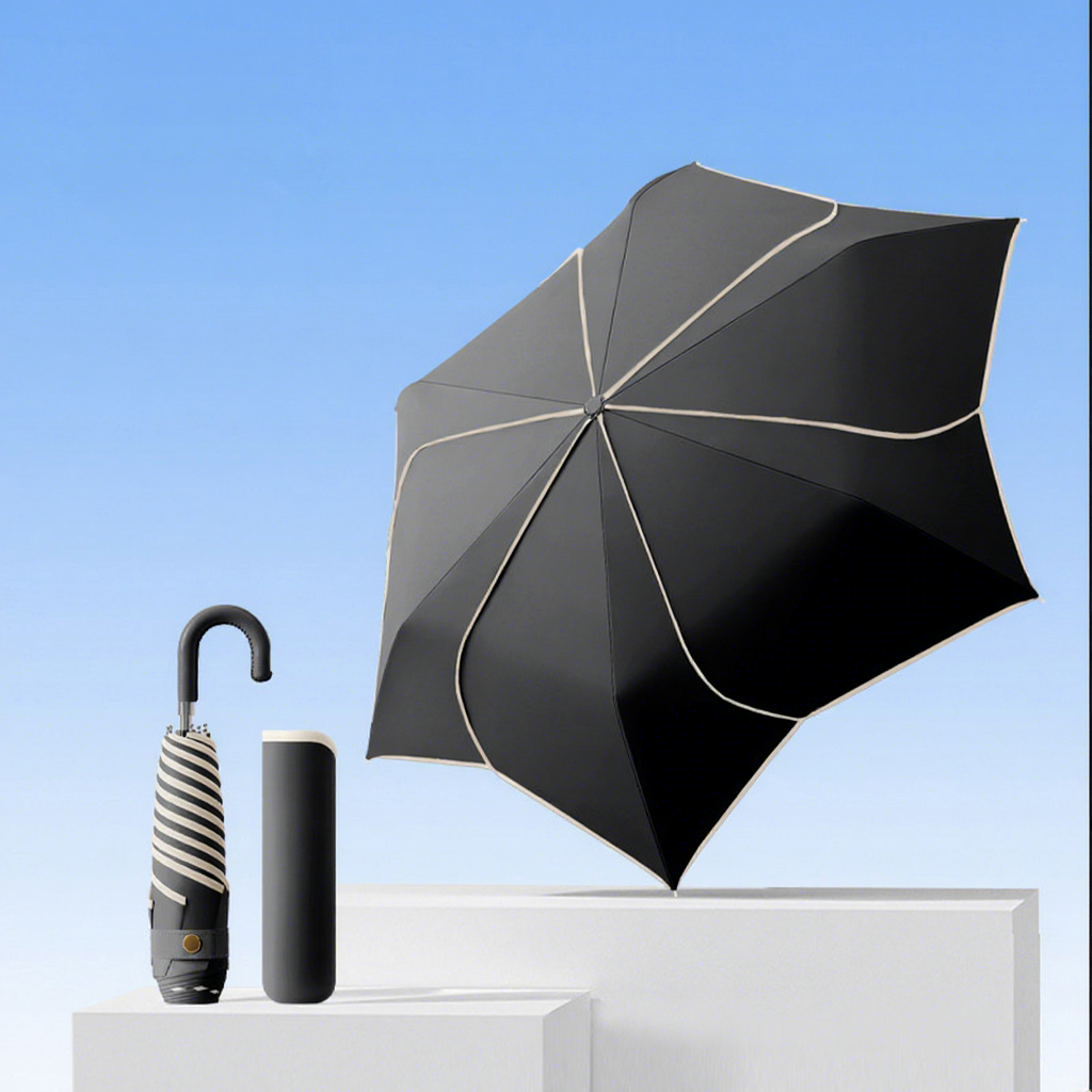 Parapluie pliant à trois pétales avec poignée courbée - Étoile noire