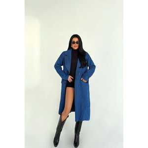 Manteau bleu boutonné pour femme avec détail poche - Product Image 2