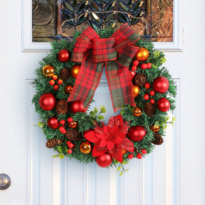 Southpeak Eco-Friendly Artificial Wreath Christmas Duck Feather Trim Modern Style Red Bow Baubles Pine Cones Outdoor Front <b>Door</b> - Product Image 1