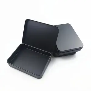 Premium Full Matte Black Color Small Rectangular Metal Cans Hinged Tin Box