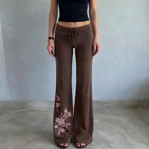 Y2K Vintage Floral Print Loose Straight <b>Flared</b> Pants Hot Girl Autumn Winter Fashion Flattering <b>Low</b> <b>Waist</b> Casual Pants - Product Image 3