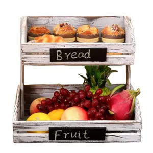 Home Kitchen Rustic 2 Tier Wooden Fruit Basket Holder With Chalkboards