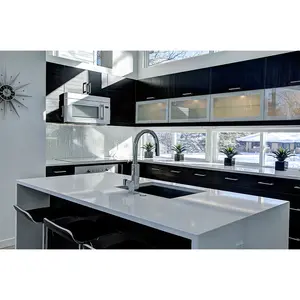 Custom modern design Black matt lacquer flat wood and glass door kitchen cabinets with island
