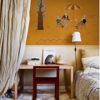 Mural Dinding Hutan Kelinci Gambar Tangan Kartun Warna Oranye Hangat Kain Dinding Kustom untuk Wallpaper Kamar Tidur Anak