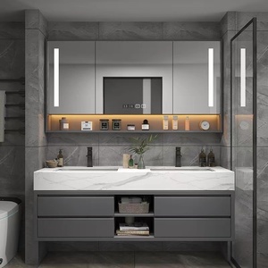 Meuble-lavabo mural de luxe européen 2025 avec double vasque et armoires de salle de bain avec miroir pour la famille ou l'hôtel - Product Image 4