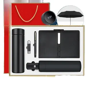 Hot Sale 5 Pieces Thermos Cup Corporate Gift Set With Umbrella Metal Pen Notebook Gift Box Set For Men