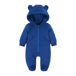 Winterkleid ung Kinder einfarbig Bär Jumps uit Neugeborene Langarm Langarm Kapuze 0-12 Monate Baby Mädchen Reiß verschluss Stram pler - Product Image 3