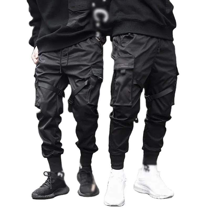 6 cepler şerit parça jogger dantelli fit gençlik ayak bileği fermuar taktik moda siyah yığılmış streetwear mens kargo pantolon erkekler için