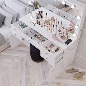 Ensemble de coiffeuse de luxe avec lumières LED blanches, plateau en verre, table de maquillage en bois moderne avec miroir et chaise - Product Image 5