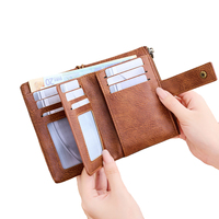 Dompet wanita modis kulit PU cokelat dompet pemblokir RFID wanita dompet koin ritsleting ganda dompet pendek untuk wanita