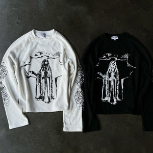 Maglietta a Tre Quarti Oversize Stile Hip Hop con Stampa DTG, 100% Cotone, Manica Lunga, Tessuto Waffle, Vendita all'Ingrosso - Product Image 1