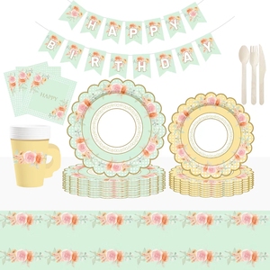 ชุดถ้วยน้ำชา จานรอง กระดาษเช็ดปาก ถ้วยชาและจานรองพร้อมหูจับ สำหรับงานเลี้ยงวันเกิดเจ้าหญิง ตกแต่งงานฉลองวันเกิดเด็ก ลายดอกไม้ - Product Image 3