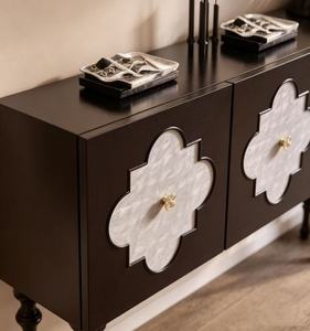 Premium Quatrefoil Inlay Wooden <b>Sideboard</b> 3-Door Large <b>Storage</b> Turned Leg Vintage Credenza For Living Room Dining Room - Product Image 4