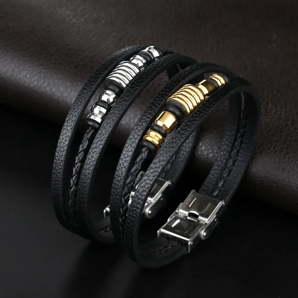 Corde en cuir noir tressé en cuir pour hommes fermoir en acier inoxydable Bracelet de mode personnalisé pour femmes