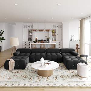 Juego de Sofás Modulares Seccionales VOXHOME para Sala de Estar, Diseño Mario Bellini, Estilo Nórdico Moderno en Forma de L de 3, 4, 5, 6 y 7 Plazas en Terciopelo Negro - Product Image 4