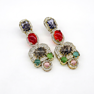 Boucles d'oreilles pendantes 292, plaquées Mehandi, à double pierre, en laiton et zircon, ensemble de bijoux de luxe pour mariage, fête ou cadeau - Product Image 1