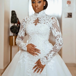 Vestido <span class=keywords><strong>de</strong></span> novia árabe Aso Ebi <span class=keywords><strong>de</strong></span> talla grande con tren desmontable, Apliques <span class=keywords><strong>de</strong></span> encaje <span class=keywords><strong>de</strong></span> lujo, cuello alto, sirena real musulmana, Boda nupcial - Product Image 2