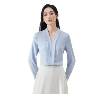 Light Blue V Neck Long Sleeve Shirt Women Solid Color Office Wear Polyester Blouse Simple Design Spring Autumn Commute Top - Product Image 5