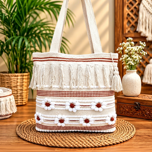Handcrafted Woven Canvas Tote <b>Bag</b>, Bohemian Tassel and Beaded Floral Shoulder <b>Bag</b> with <b>Fabric</b> Handles for Women Casual and Shopp - Product Image 1