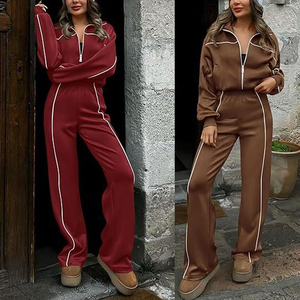 S-2XL Großhandel Hochwertiger Gestreifter Locker Sitzender Sport- und Freizeitanzug mit Reißverschluss Langer Kragen Zweiteiliges Set für Damen - Product Image 6