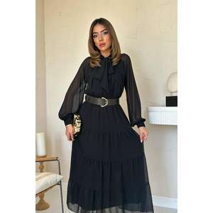 เดรสชีฟองสีดำสุดหรู คอผูก ทรงหลวม เอวธรรมชาติ ใส่ได้ทุกวัน ผ้าบางเบา โปร่งแสง สไตล์ลำลอง - Product Image 2