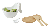 Bol à salade moderne en céramique blanche avec support, base en bambou et petit bol à sauce en céramique et ustensiles en bambou