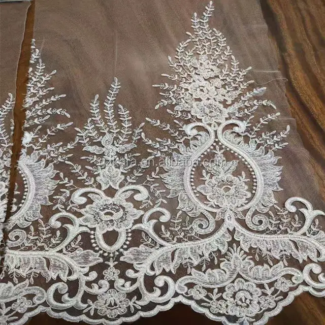 High Quality White Bridal Lace Trim Embroidery Flower Patch Applique Lace Border With Hand Beaded For Wedding Dress