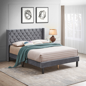 Modern <b>Convertible</b> Velvet Button Tufted Upholstered <b>Bed</b> with Wings Design-Strong Wood Slat Support-Easy Assembly-Gray - Product Image 1