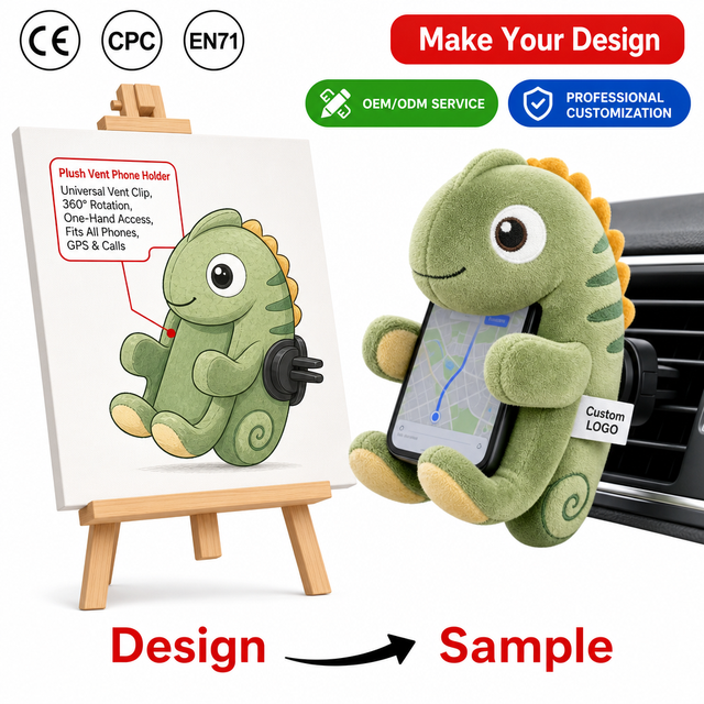 Custom Plush Toy Manufacturer Custom Plush Doll Chameleon Car Vent Phone Holder 360 Rotate air Vent Clip Gps Bracket