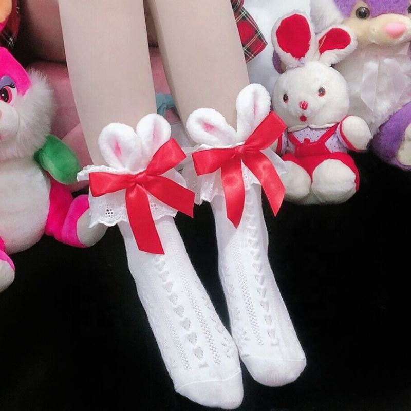 Vente en gros Kawaii Lolita Bunny Chaussettes avec nœud Filles Femmes  Mignon Lapin Frilly Ruffle Crew Chaussettes - Main Image