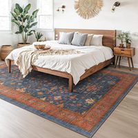 Tapis vintage bohème éclectique bleu marine et terre cuite, à poils ras, lavable, antidérapant, pour salle à manger, sous table, salon, décoration intérieure