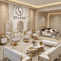 Ensemble de meubles de salon de beauté de qualité supérieure, modernes, en fer, durables, pour hôtel, fauteuil de barbier, miroir LED avec logo personnalisé, ensemble complet