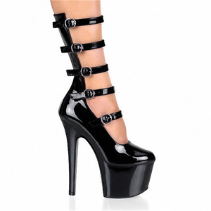 Nuovo arrivato 20cm Cool stivali da donna in ecopelle tinta unita tacco alto Pumps con fibbia scarpe da ballo addominali spesse per l'inverno - Product Image 6