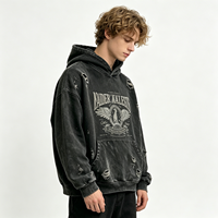 Sweat à capuche pour homme en coton épais, effet vieilli et déchiré, avec impression graphique emblème d'aigle et délavage acide, vente en gros fabricant