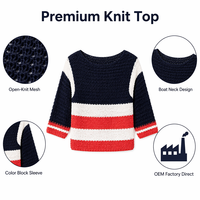 Cardigan en tricot ajouré color block pour femme, rayures bleu marine, rouge et blanc, manches 3/4, cache-maillot de plage, vente en gros OEM