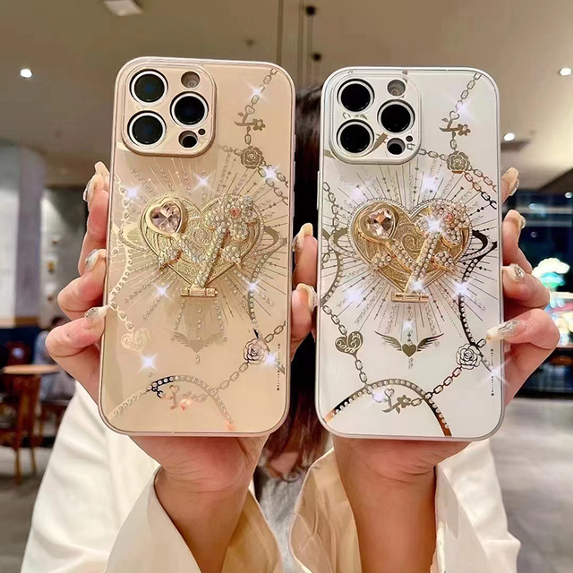 3D Diamond Love Stand Phone Case for iPhone 17 Pro Max 16 Plus 14 15 Plating Glossy Shockproof Women Cover for Samsung S25 Ultra