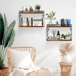 Wooden Wall Mounted <b>Shelf</b> 2 Tier Rectangle Retro Color Multipurpose Home Display <b>Rack</b> For Books Plants Decoration - Product Image 1